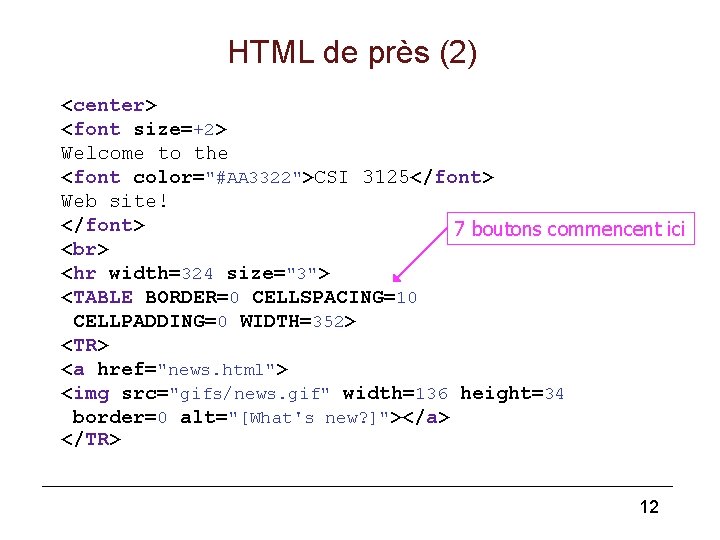 HTML de près (2) <center> <font size=+2> Welcome to the <font color="#AA 3322">CSI 3125</font>