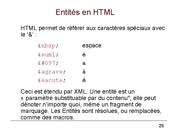 Entités en HTML permet de référer aux caractères spéciaux avec le ‘&’ :  