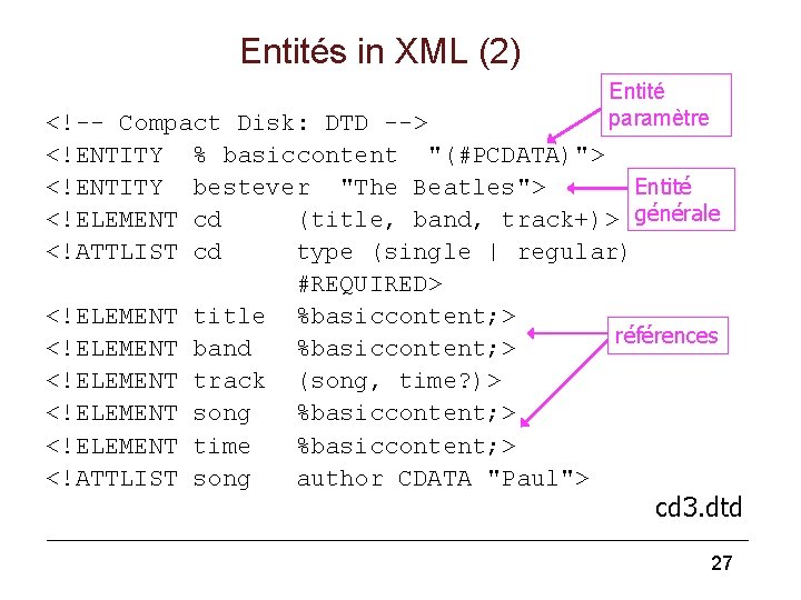 Entités in XML (2) Entité paramètre <!-- Compact Disk: DTD --> <!ENTITY % basiccontent