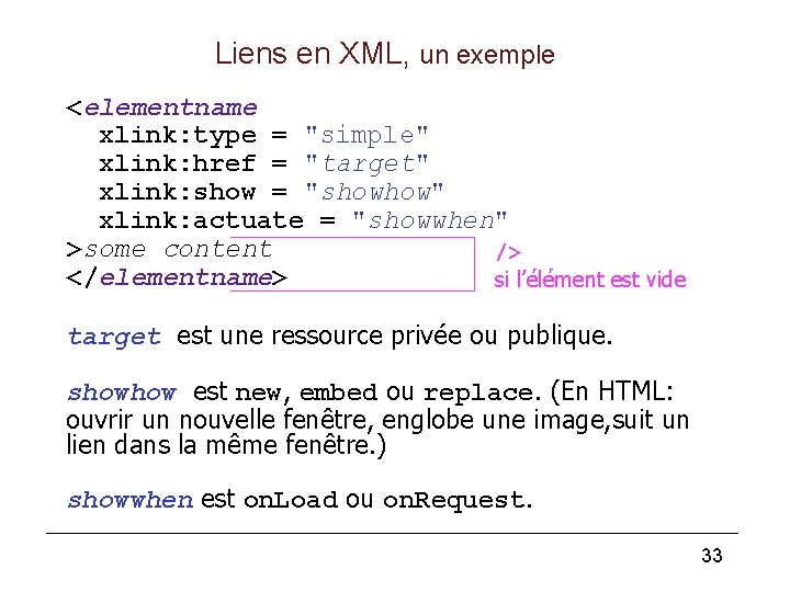Liens en XML, un exemple <elementname xlink: type = "simple" xlink: href = "target"