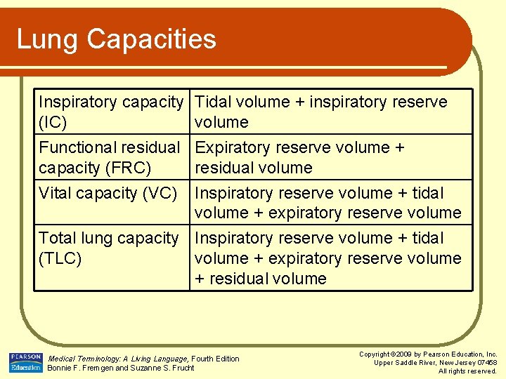 Lung Capacities Inspiratory capacity Tidal volume + inspiratory reserve (IC) volume Functional residual Expiratory