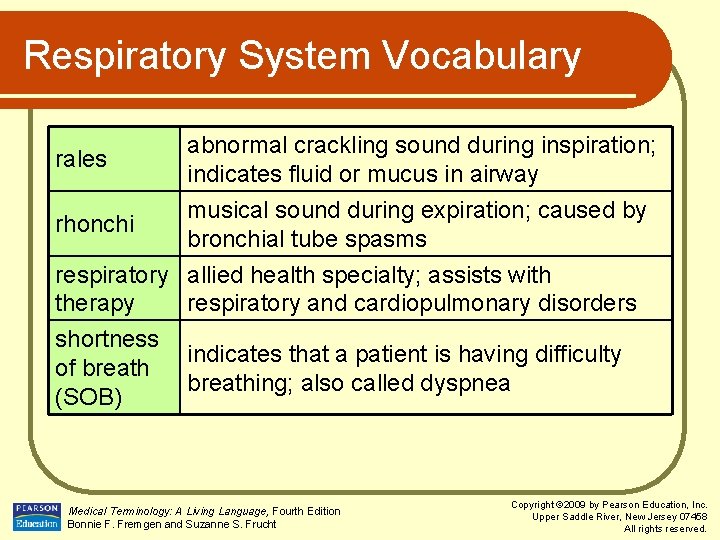 Respiratory System Vocabulary rales abnormal crackling sound during inspiration; indicates fluid or mucus in