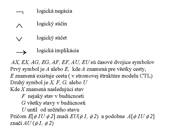 logická negácia logický súčin logický súčet logická implikácia AX, EX, AG, EG, AF, EF,