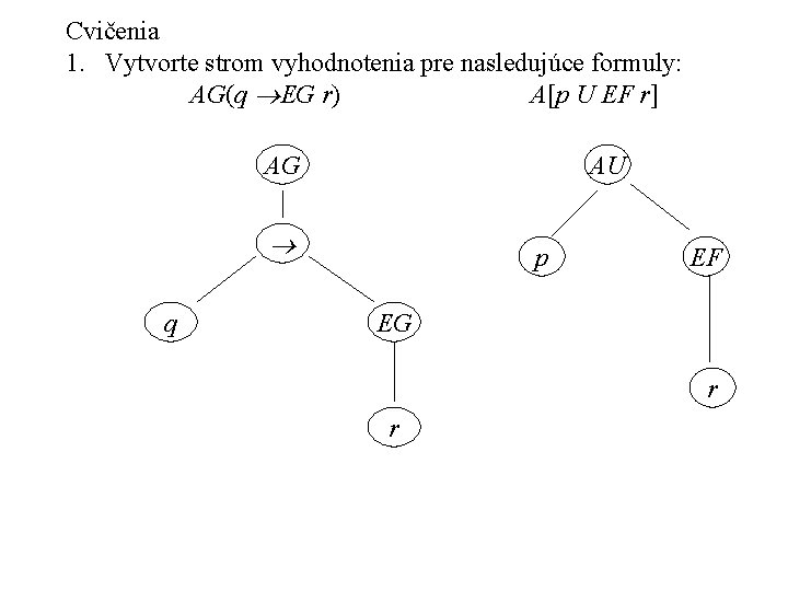 Cvičenia 1. Vytvorte strom vyhodnotenia pre nasledujúce formuly: AG(q EG r) A[p U EF