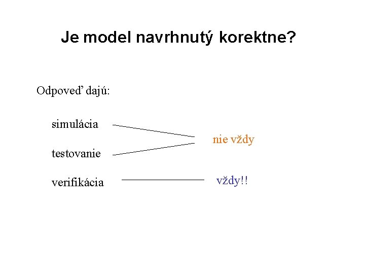 Je model navrhnutý korektne? Odpoveď dajú: simulácia nie vždy testovanie verifikácia vždy!! 