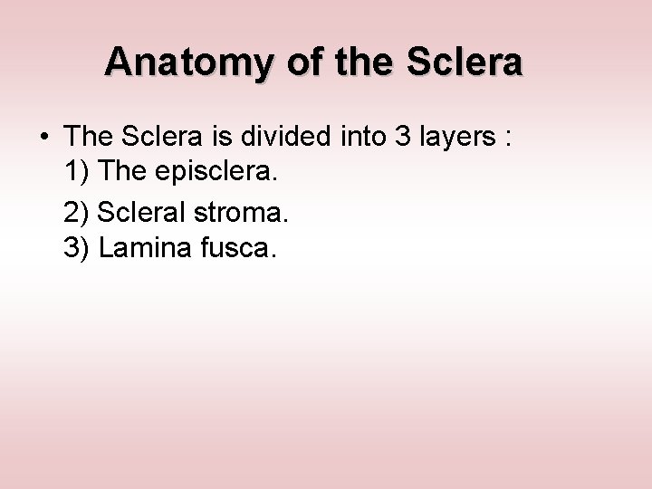 Anatomy of the Sclera • The Sclera is divided into 3 layers : 1)