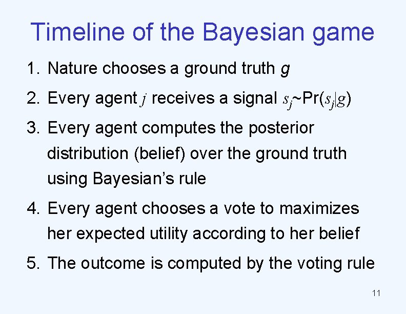Timeline of the Bayesian game 1. Nature chooses a ground truth g 2. Every
