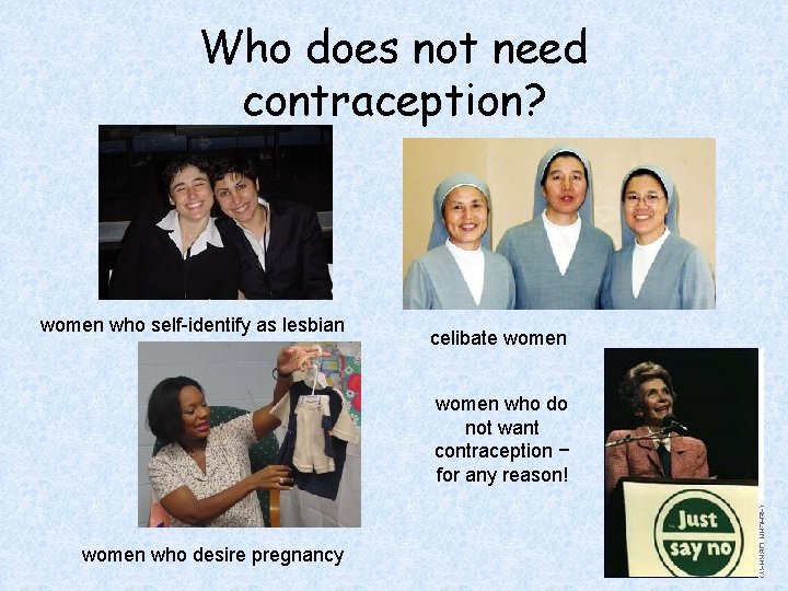 Who does not need contraception? women who self-identify as lesbian celibate women who do