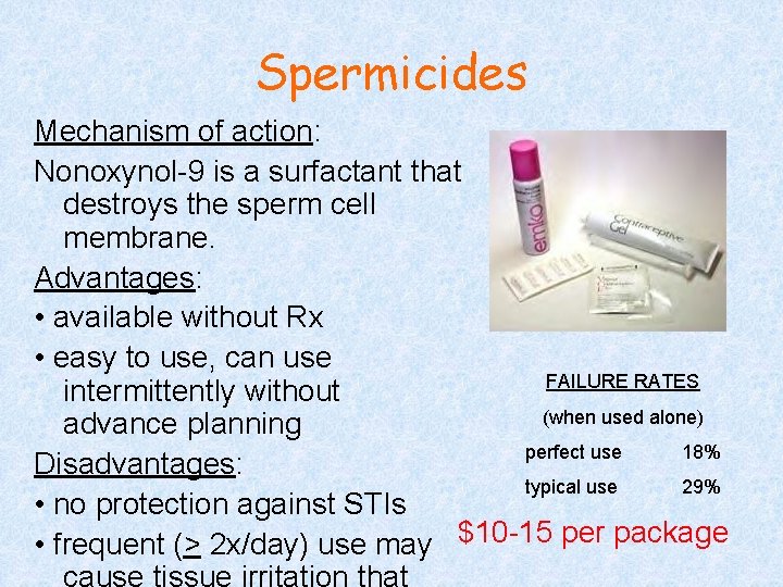 Spermicides Mechanism of action: Nonoxynol-9 is a surfactant that destroys the sperm cell membrane.