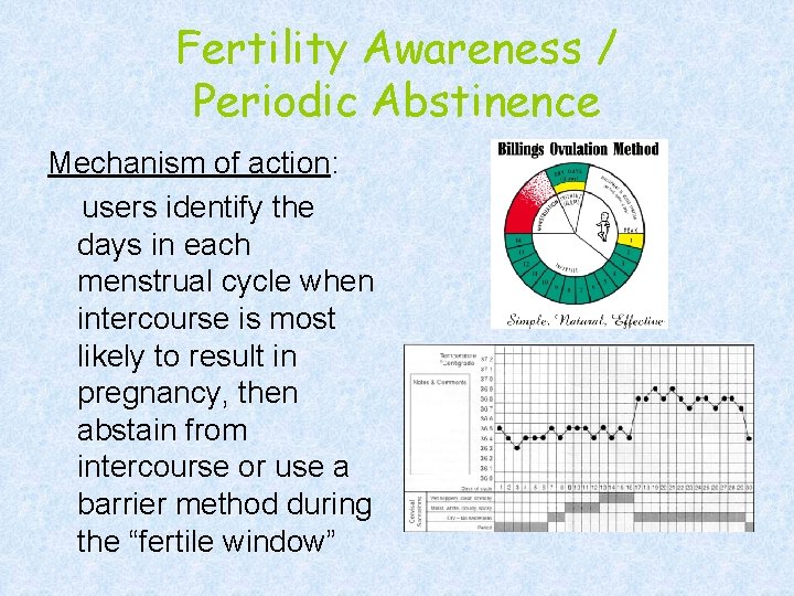 Fertility Awareness / Periodic Abstinence Mechanism of action: users identify the days in each