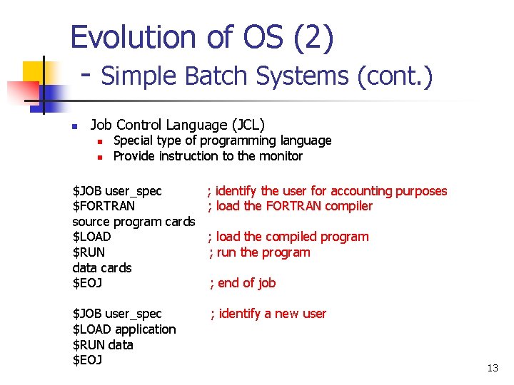 Evolution of OS (2) - Simple Batch Systems (cont. ) n Job Control Language Evolution of OS (2) - Simple Batch Systems (cont. ) n Job Control Language