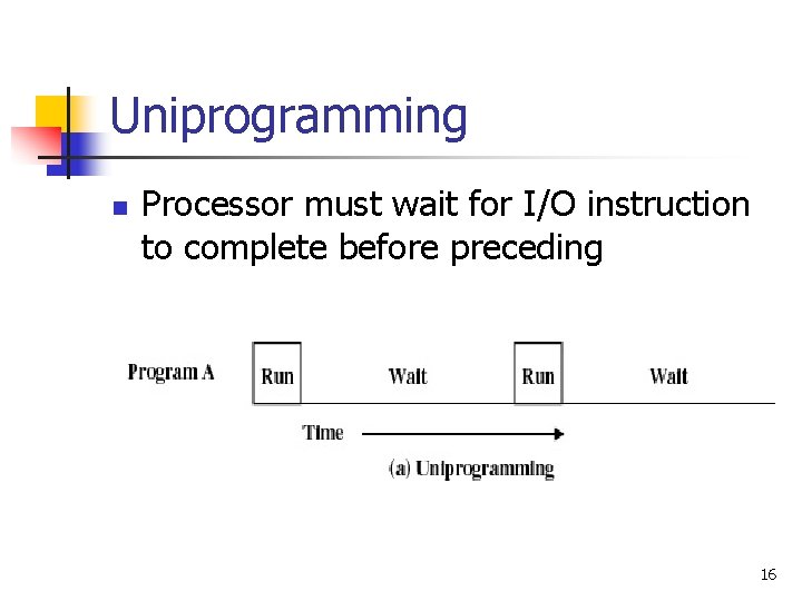 Uniprogramming n Processor must wait for I/O instruction to complete before preceding 16 Uniprogramming n Processor must wait for I/O instruction to complete before preceding 16