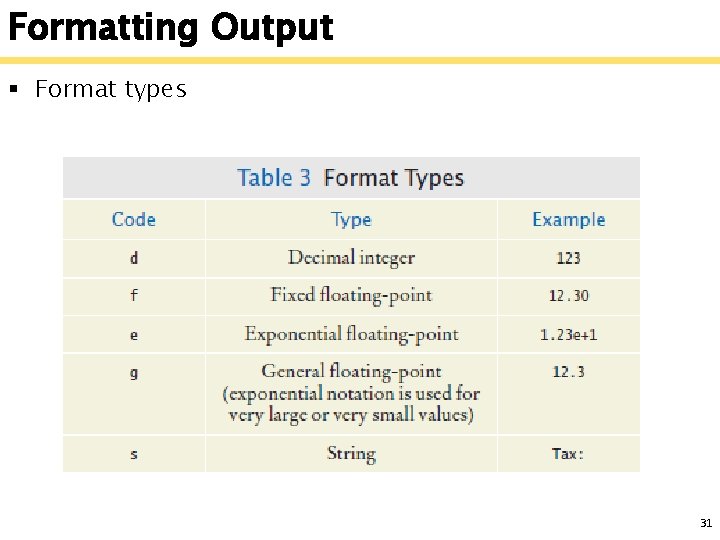 Formatting Output § Format types 31 
