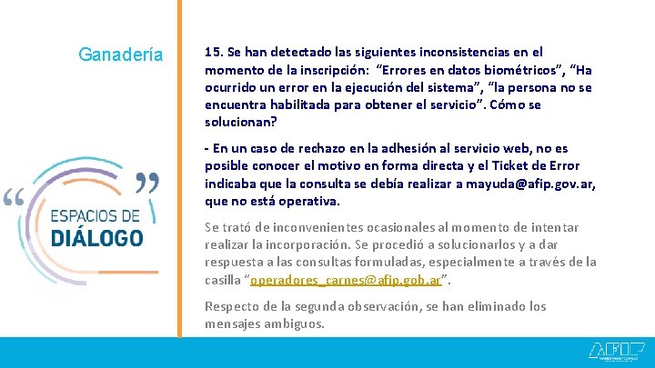 Ganadería 15. Se han detectado las siguientes inconsistencias en el momento de la inscripción: