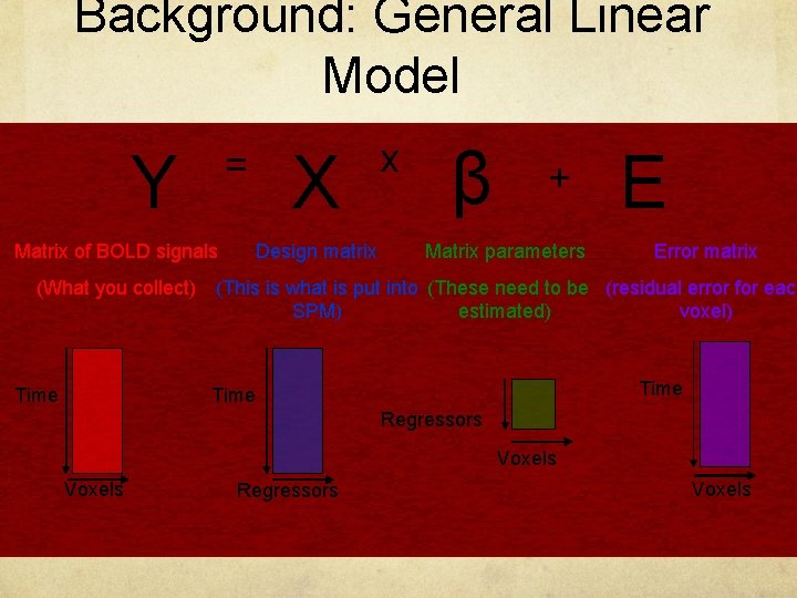 Background: General Linear Model Y X = Matrix of BOLD signals Design matrix x