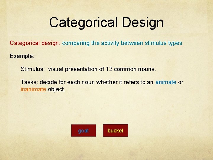 Categorical Design Categorical design: comparing the activity between stimulus types Example: Stimulus: visual presentation