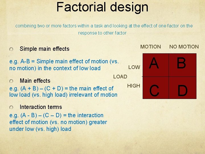 Factorial design combining two or more factors within a task and looking at the