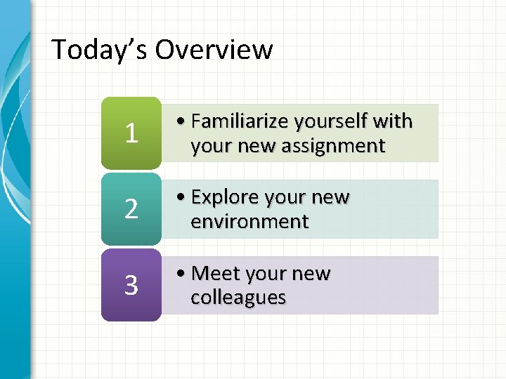 Today’s Overview 1 • Familiarize yourself with your new assignment 2 • Explore your