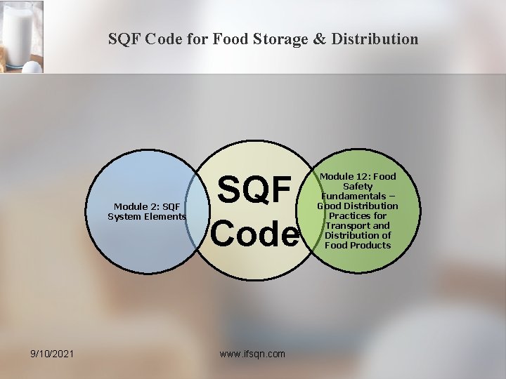 SQF Code for Food Storage & Distribution Module 2: SQF System Elements 9/10/2021 SQF SQF Code for Food Storage & Distribution Module 2: SQF System Elements 9/10/2021 SQF