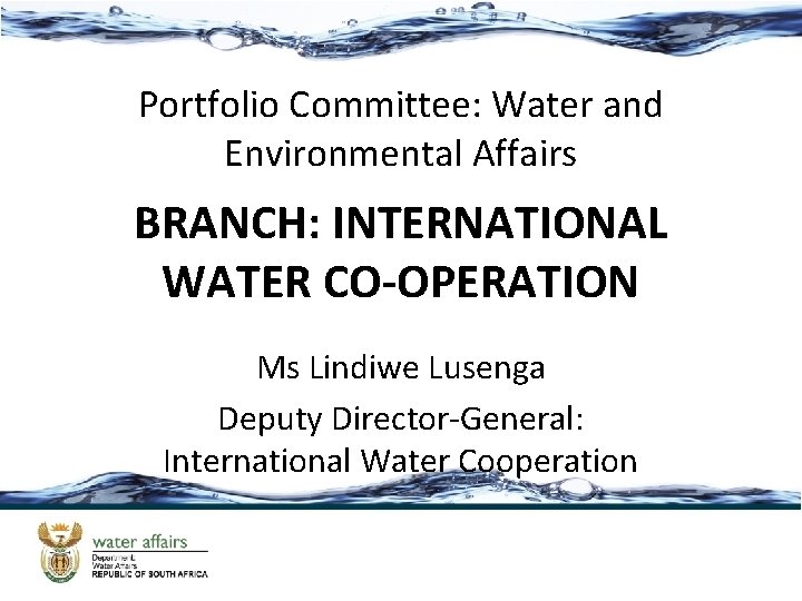 Portfolio Committee: Water and Environmental Affairs BRANCH: INTERNATIONAL WATER CO-OPERATION Ms Lindiwe Lusenga Deputy