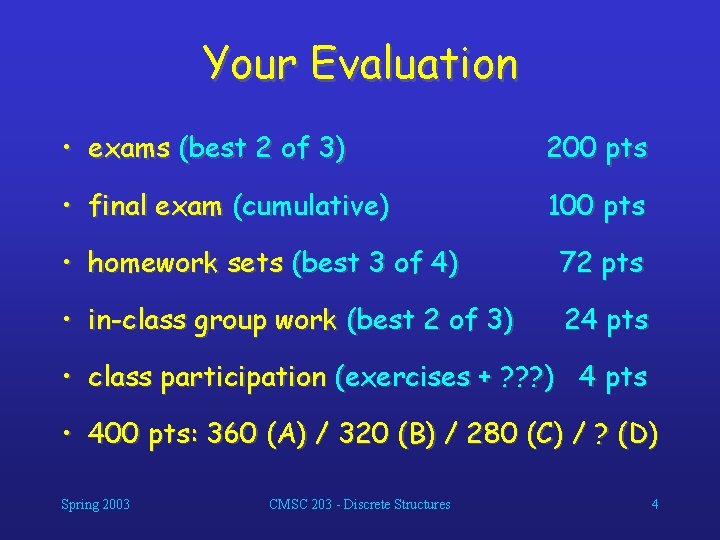 Your Evaluation • exams (best 2 of 3) 200 pts • final exam (cumulative)
