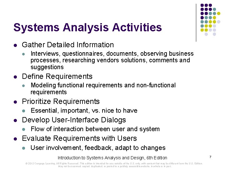 Systems Analysis Activities l Gather Detailed Information l l Define Requirements l l Essential,
