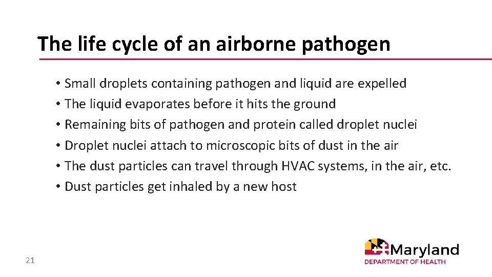 The life cycle of an airborne pathogen • Small droplets containing pathogen and liquid