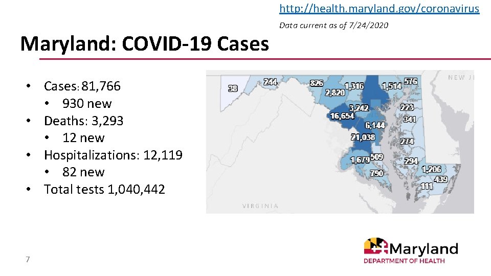 http: //health. maryland. gov/coronavirus Maryland: COVID-19 Cases • Cases: 81, 766 • 930 new