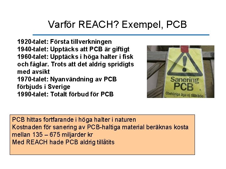 Varför REACH? Exempel, PCB 1920 -talet: Första tillverkningen 1940 -talet: Upptäcks att PCB är