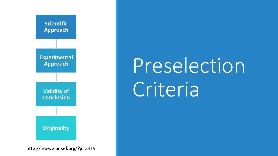 Scientific Approach Experimental Approach Validity of Conclusion Originality http: //www. consef. org/? p=3319 Preselection