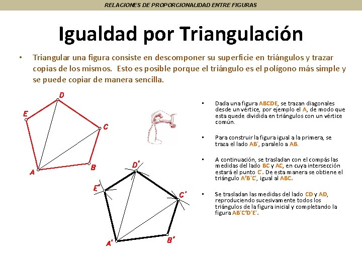 RELACIONES DE PROPORCIONALIDAD ENTRE FIGURAS Igualdad por Triangulación • Triangular una figura consiste en