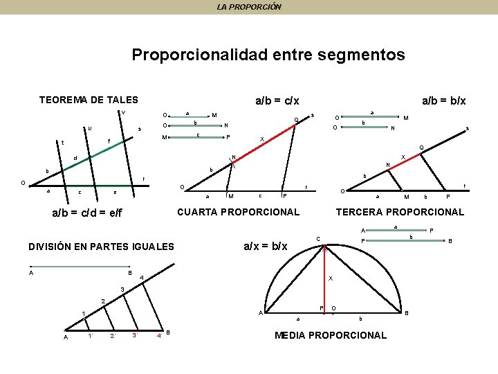 LA PROPORCIÓN Proporcionalidad entre segmentos TEOREMA DE TALES a/b = c/x v u s
