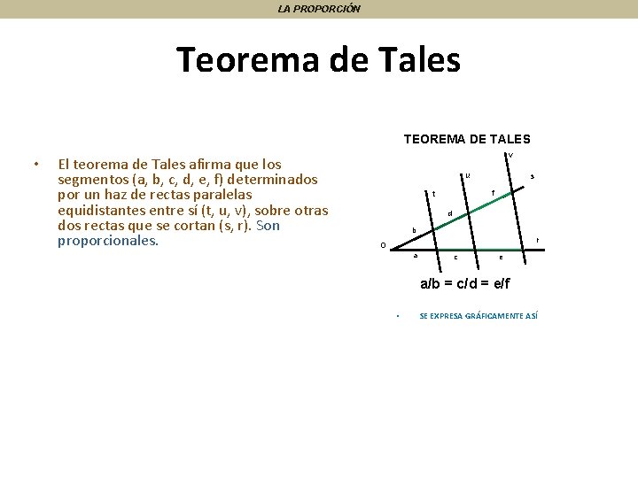 LA PROPORCIÓN Teorema de Tales TEOREMA DE TALES • El teorema de Tales afirma