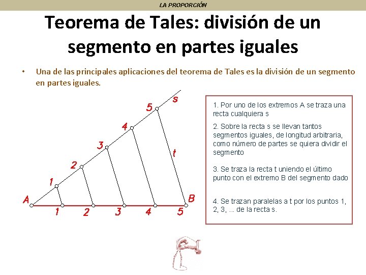LA PROPORCIÓN Teorema de Tales: división de un segmento en partes iguales • Una