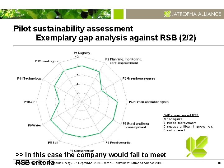 Pilot sustainability assessment Exemplary gap analysis against RSB (2/2) GAP scores against RSB: 10: