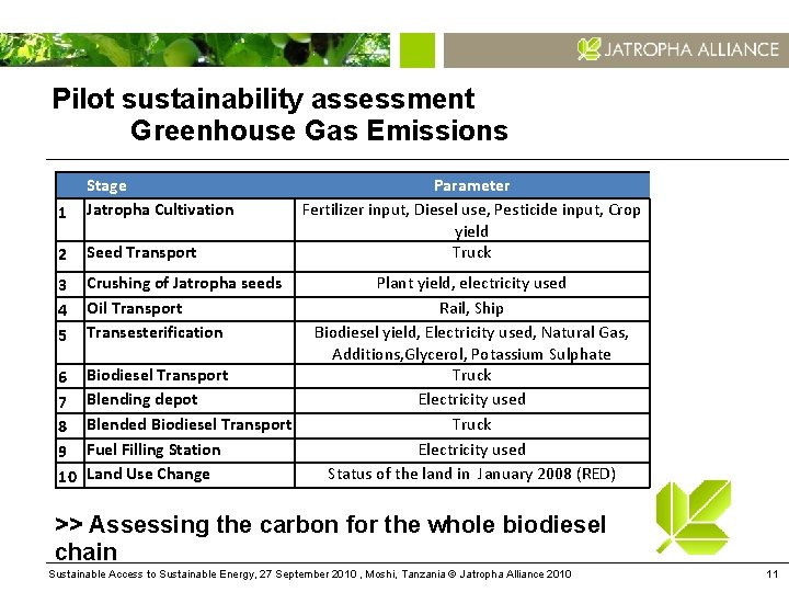 Pilot sustainability assessment Greenhouse Gas Emissions 1 Stage Jatropha Cultivation 2 Seed Transport 3