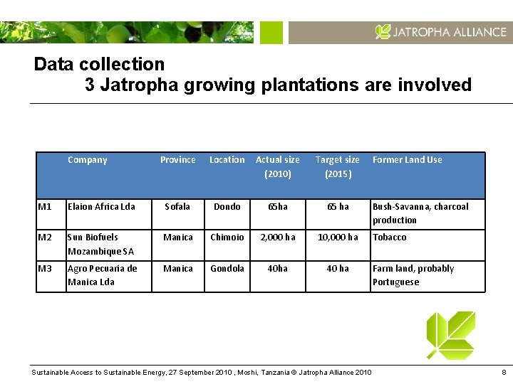 Data collection 3 Jatropha growing plantations are involved Company Province Location Actual size (2010)