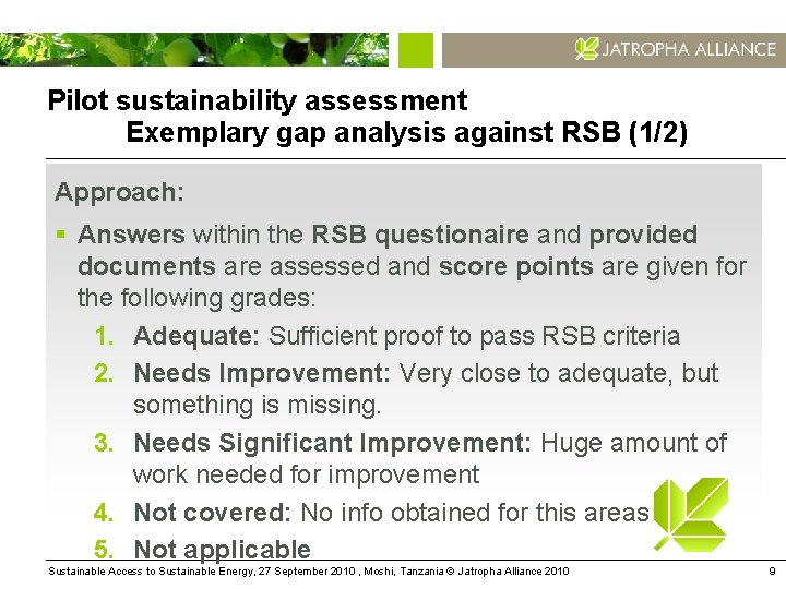 Pilot sustainability assessment Exemplary gap analysis against RSB (1/2) Approach: § Answers within the