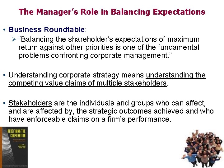 The Manager’s Role in Balancing Expectations • Business Roundtable: Ø “Balancing the shareholder’s expectations