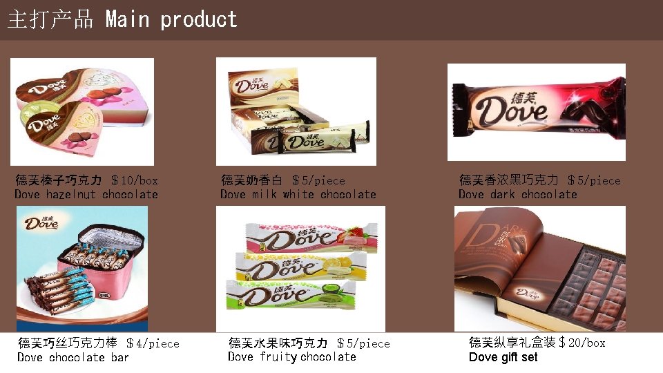 主打产品 Main product 德芙榛子巧克力 ＄10/box Dove hazelnut chocolate 德芙巧丝巧克力棒 ＄4/piece Dove chocolate bar 德芙奶香白