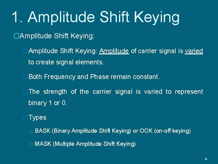 1. Amplitude Shift Keying �Amplitude Shift Keying: Amplitude of carrier signal is varied to