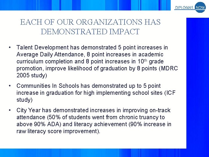 EACH OF OUR ORGANIZATIONS HAS DEMONSTRATED IMPACT • Talent Development has demonstrated 5 point
