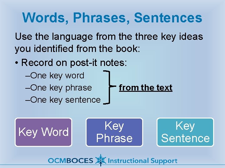 Words, Phrases, Sentences Use the language from the three key ideas you identified from