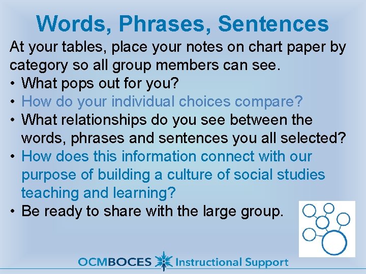 Words, Phrases, Sentences At your tables, place your notes on chart paper by category