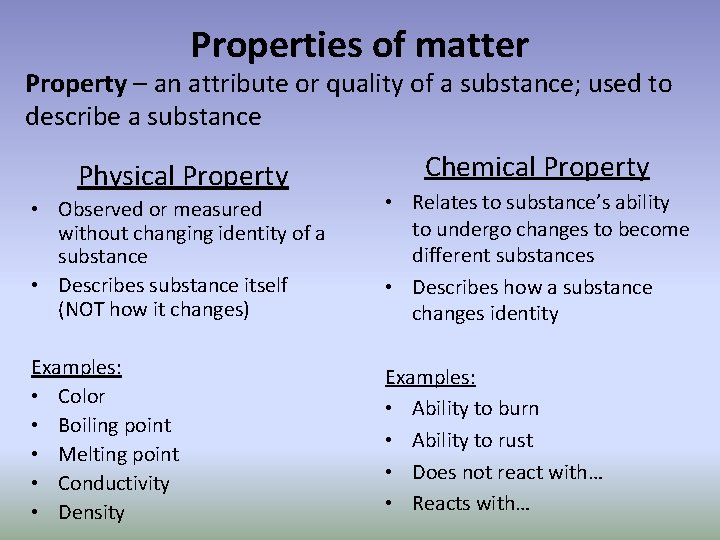 Properties of matter Property – an attribute or quality of a substance; used to