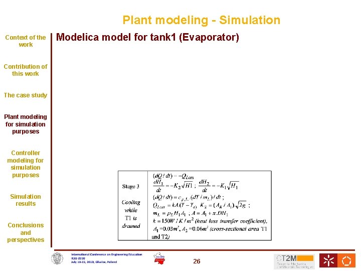 Plant modeling - Simulation Context of the work Modelica model for tank 1 (Evaporator)