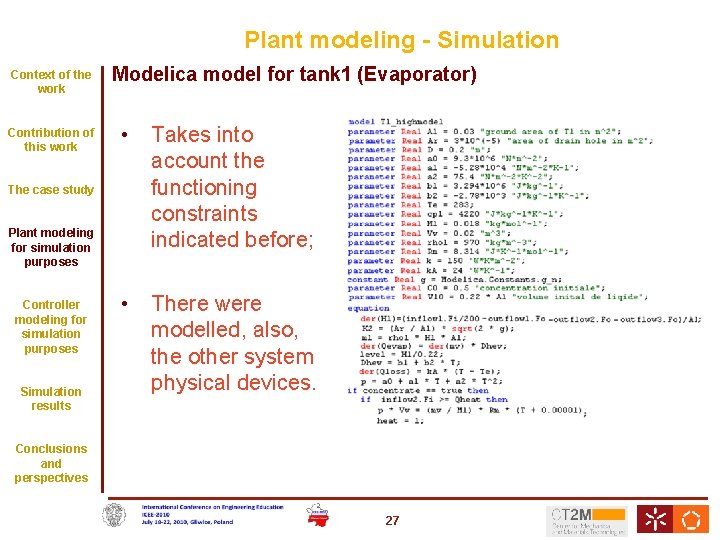Plant modeling - Simulation Context of the work Contribution of this work The case
