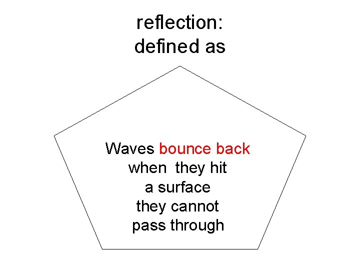 reflection: defined as Waves bounce back when they hit a surface they cannot pass