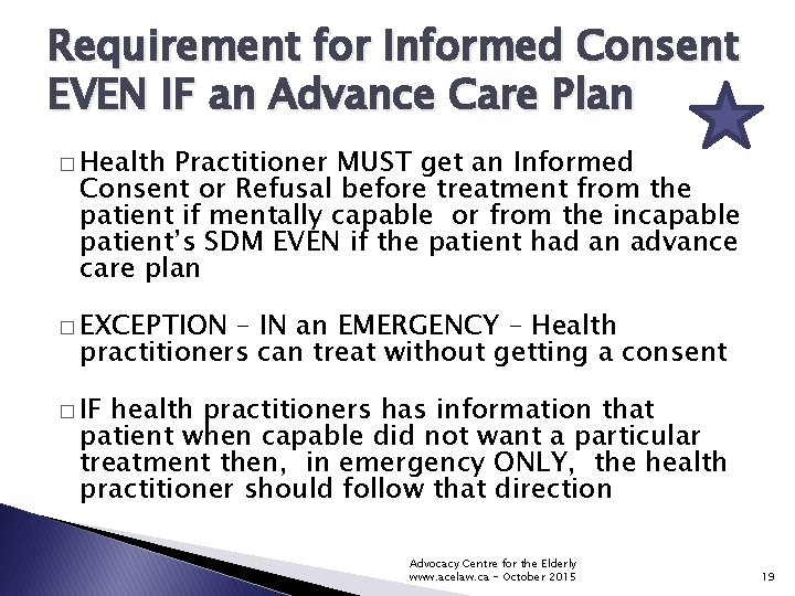Requirement for Informed Consent EVEN IF an Advance Care Plan � Health Practitioner MUST