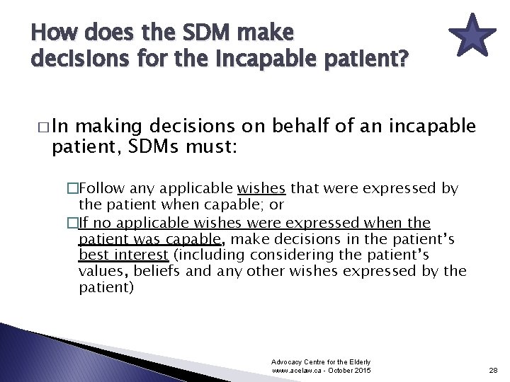 How does the SDM make decisions for the incapable patient? � In making decisions